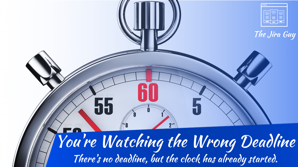 Chrome stopwatch near full, with the title 'You're Watching the Wrong Deadline' and subtitle 'There's no deadline, but the clock has already started.'
