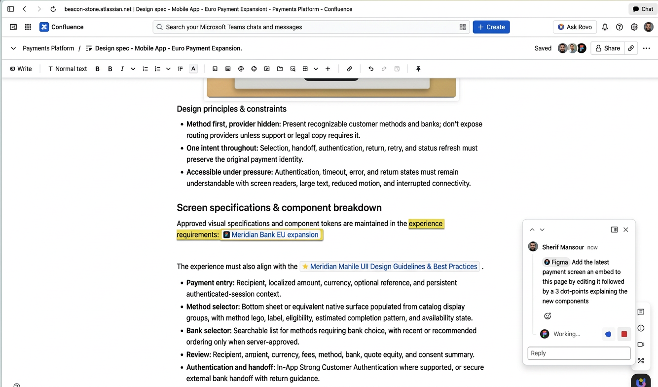 team26eu_planner_figma_agent_presence Confluence page in the Team '26 Europe Planner demo, with the Figma agent shown as a viewer beside Sherif Mansour and working on a request in a comment thread.