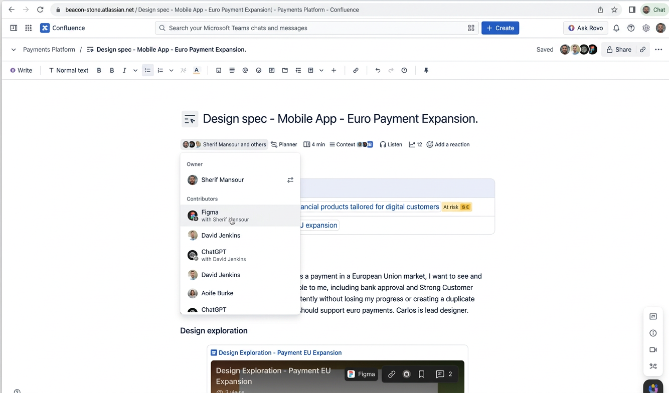 team26eu_planner_contributors Confluence page contributors list from the Team '26 Europe Planner demo, showing Figma and ChatGPT agents credited alongside the people they worked with.