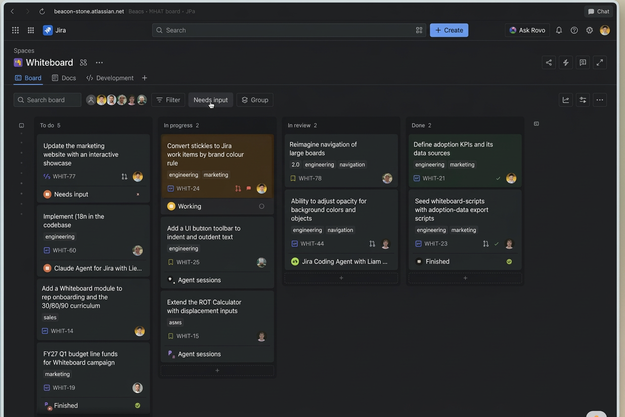 team26eu_jira_board_agents Jira board from the Team '26 Europe keynote with agent status on cards, including Working, Needs input, and Claude Agent for Jira.