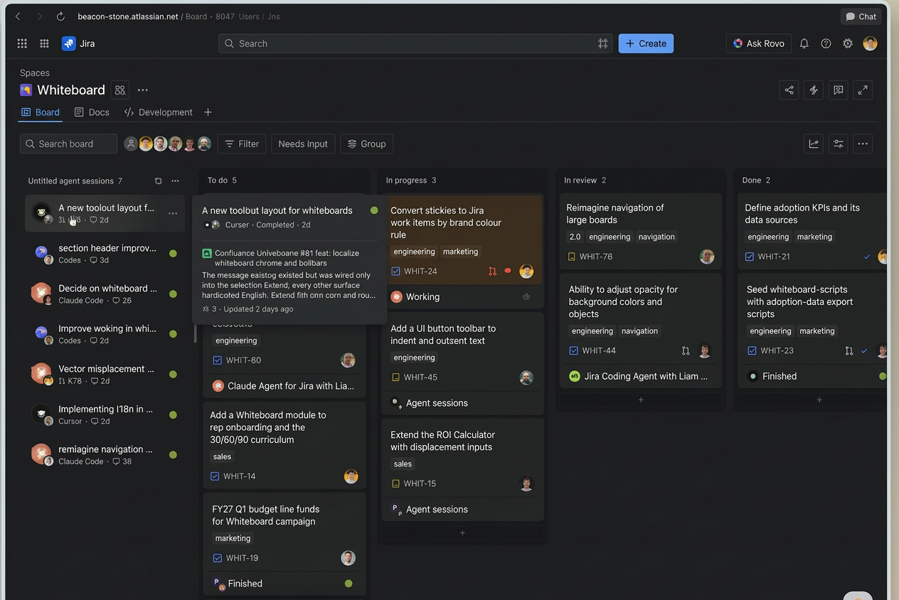 team26eu_jira_untracked_agent_sessions Jira board panel listing unlinked agent sessions from Cursor, Codex, and Claude Code that have no work item yet.